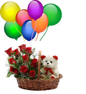 8 Air Blown Balloons with 8 Red roses 6 inches teddy in the same basket