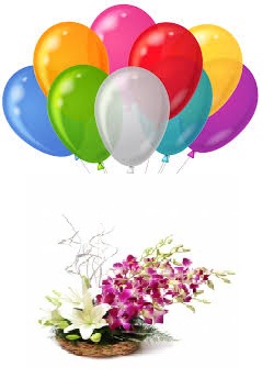 3 Air filled balloons with Basket of White Lily Orange Blue roses and red Gladiollus