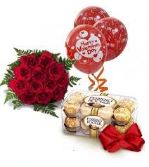 3 Air filled Red Balloon with 16 Ferrero rocher and 10 red roses