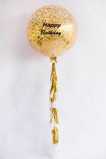 Gold Bright Confetti balloons with happy birthday print on balloon