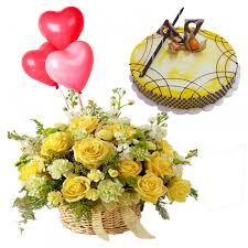 Large Lilies roses basket and 1 kg heart cake with 3 balloons