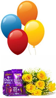 4 Blown balloons 6 yellow roses hand tied 4 Dairy milk chocolate bars