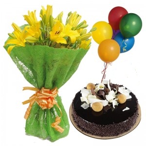 5 Air Filled Balloons with 6 Yellow Lilies bouquet and 1/2 Kg chocolate cake