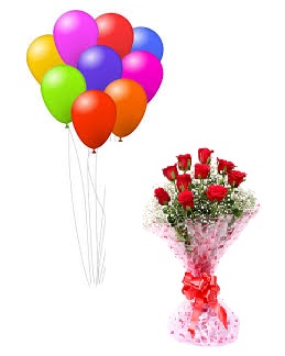 9 Air Balloons 12 Red roses bouquet