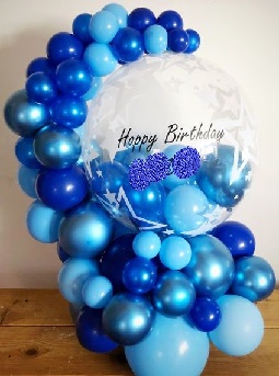 30 small and big blue balloons arch with flowers and happy birthday organic clear balloon