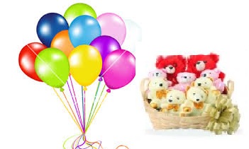 8 teddies in a basket with 12 air balloons