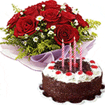Six red roses basket and 1/2 Kg black forest cake with candles