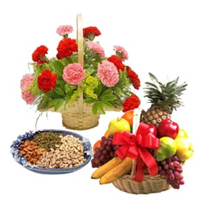 1/2 kg Dry fruits 12 flowers basket with fresh fruits 3 kg