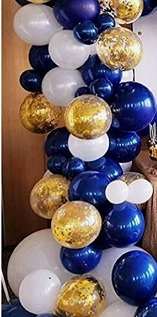 50 Gold white blue air balloons with flowers in between