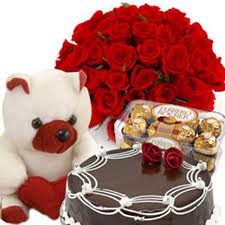 24 red roses, teddy, 1/2 kg cake,16 pieces chocolates