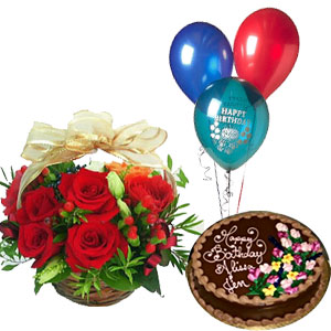 Flowers basket, 6 balloons and 1 pound cake