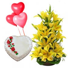Lilies basket and 1 kg heart cake with 3 heart balloons