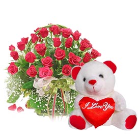 50 roses in a basket with 1 foot teddy bear