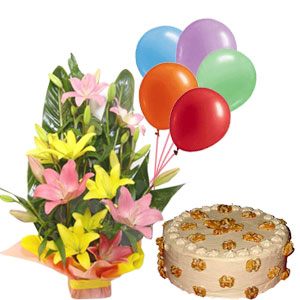 Lilies arrangement and Butter scotch cake with balloons