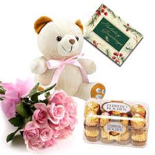 Card + 16 Ferrero Rocher Chocolates + 12 Pink Roses +Teddy