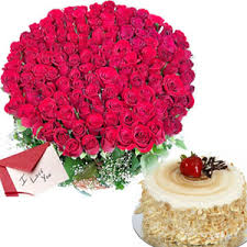 100 roses, 1 kg cake and card