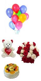 8 Air balloons 6 inch Teddy 1/2 Kg Fruit cake 10 Red white roses