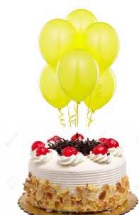 6 Yellow air Balloons with 1/2 Kg Black Forest Cake