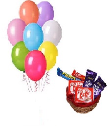 10 Air filled Balloons Basket of chocolates 2 Kikat 2 dairy Milk 2 Perk